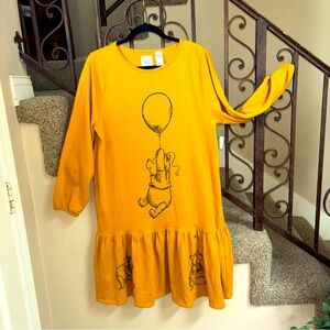 NWT Disney Sz L Winnie The Pooh Honey Yellow Dress Drop Waist Balloon Sleeve D2